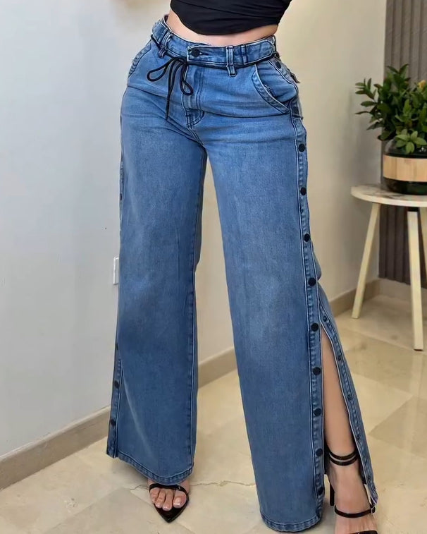 Women's Side Button Wide-Leg Jeans