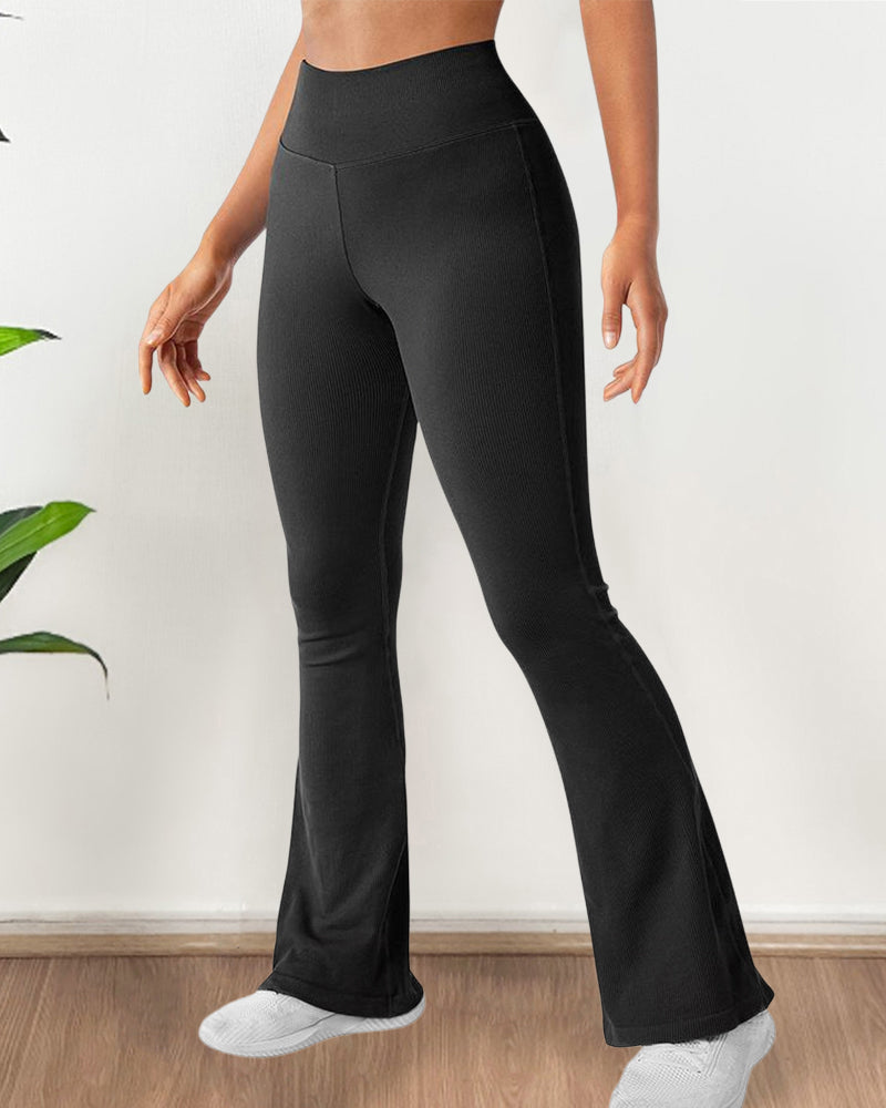 Modische, gerippte Yoga-Leggings mit weitem Bein und ausgestelltem Bein