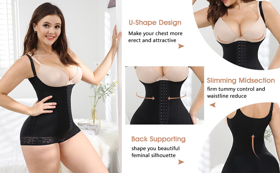 Modische Shapewear mit Bauchkontrolle, tiefem Rücken und offener Brust, Spitze
