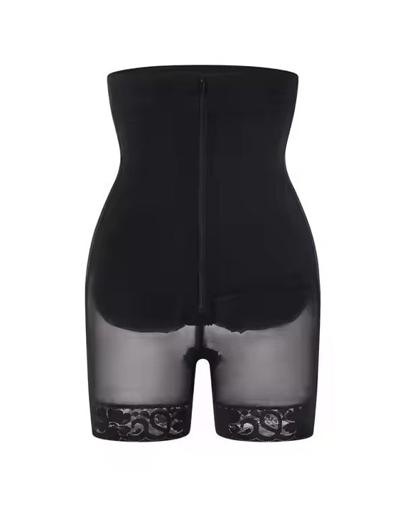 Front Zip Lace Trim Mesh Shaper Shorts