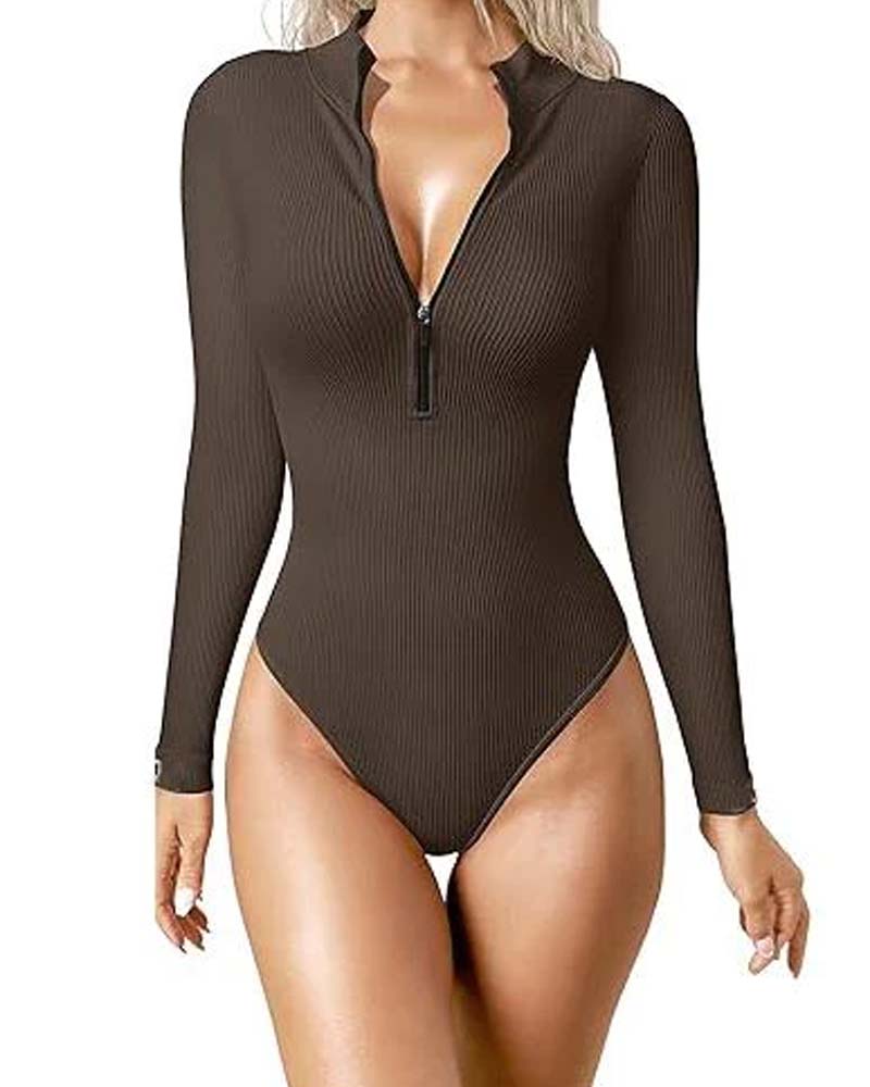 Modische, sexy, gerippte Strumpfhose mit langen Ärmeln und Reißverschluss vorne