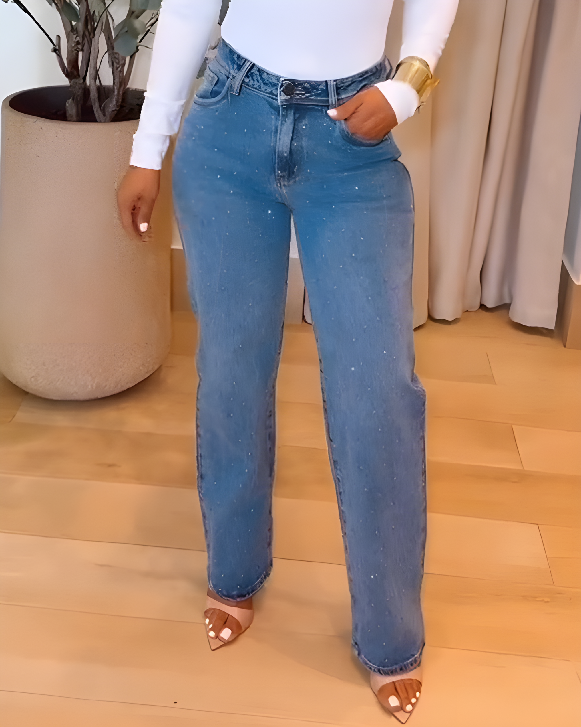High-Rise Sparkling Rhinestones Wide-Leg Jeans