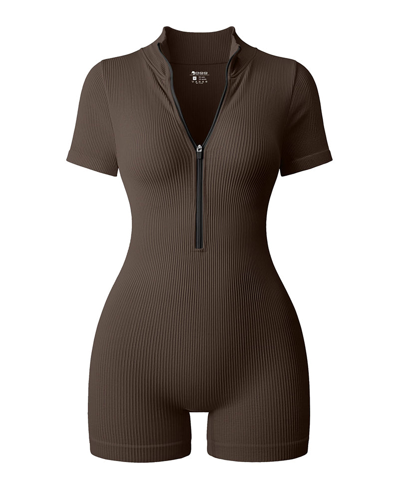 Ribbed Short Sleeve Zip Front Stretch Tummy Control Yoga Workout Rompers