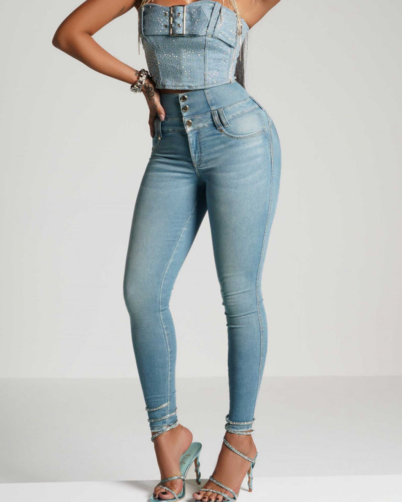High-Waisted Back-Zip Fashion Skinny Jeans