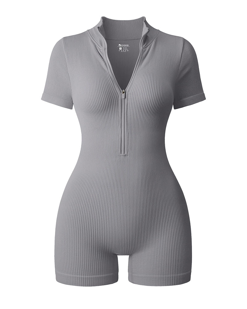 Ribbed Short Sleeve Zip Front Stretch Tummy Control Yoga Workout Rompers