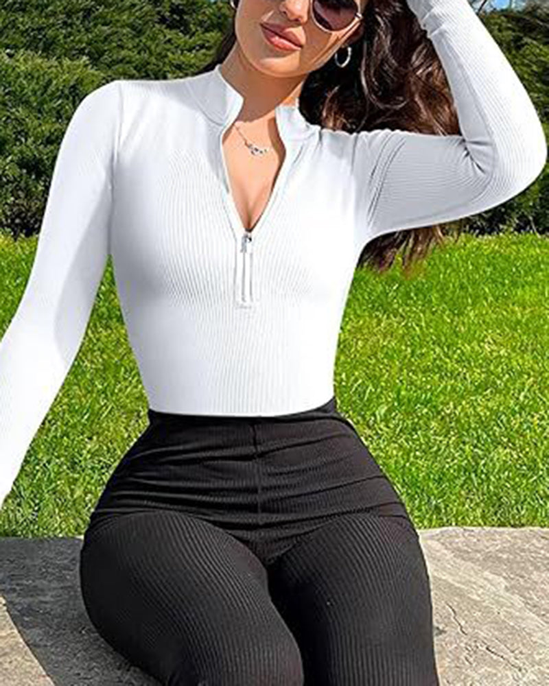 Seamless Ribbed Zip-Up Long Sleeve Bodysuit
