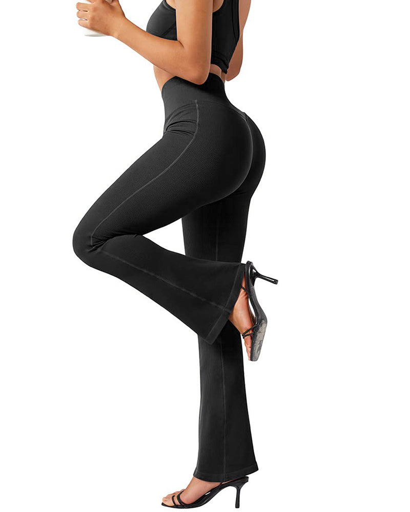 Modische, gerippte Yoga-Leggings mit weitem Bein und ausgestelltem Bein
