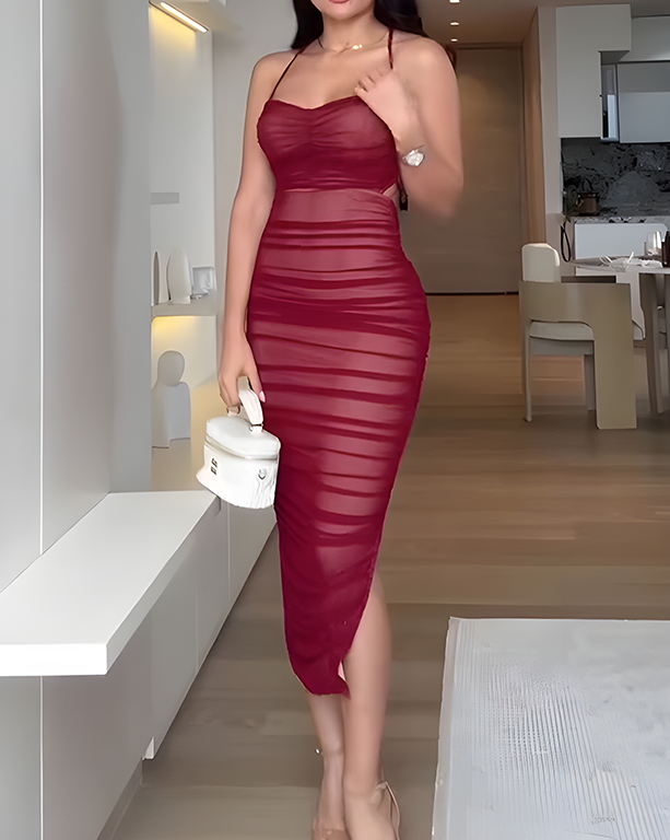 Sexy Sheer Mesh Ruched Bodycon Dress