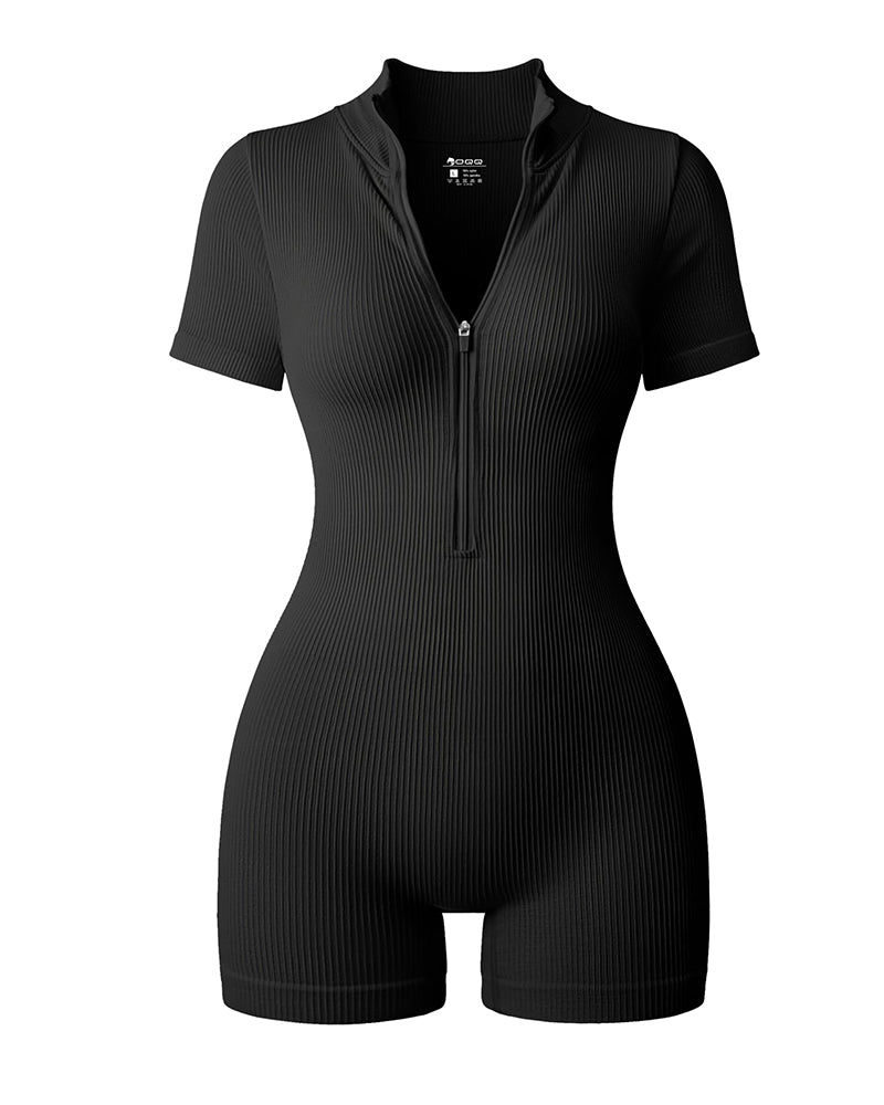 Ribbed Short Sleeve Zip Front Stretch Tummy Control Yoga Workout Rompers