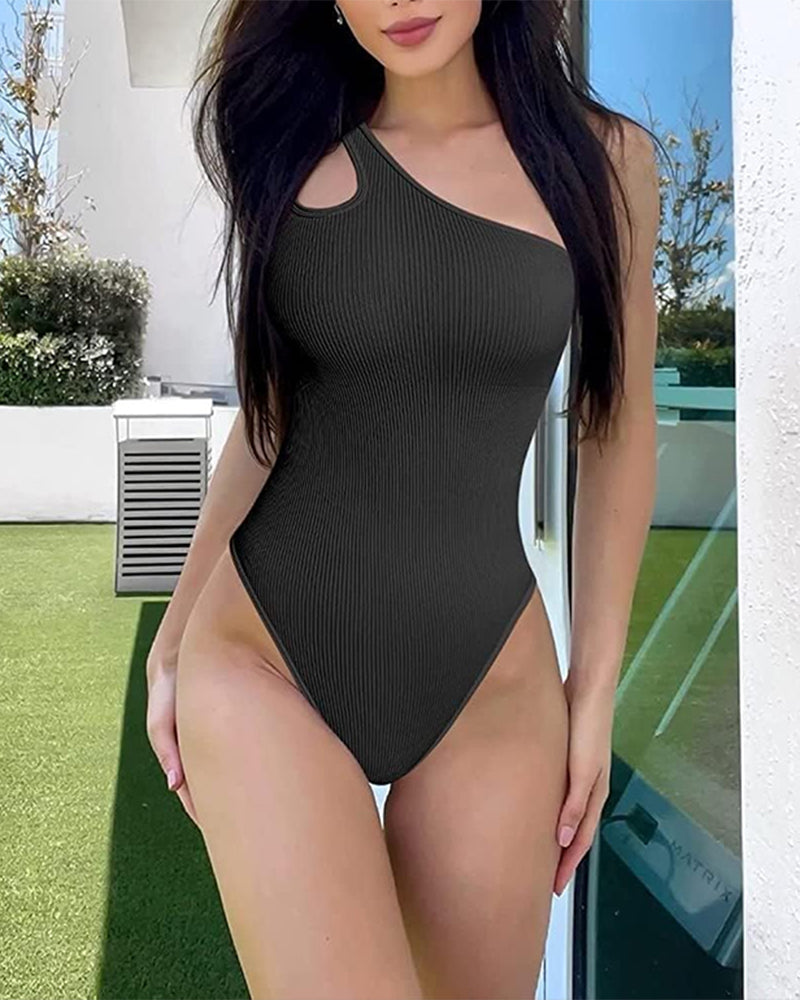Body sexy de canalé con un solo hombro y control de abdomen
