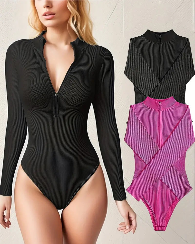 Modische, sexy, gerippte Strumpfhose mit langen Ärmeln und Reißverschluss vorne