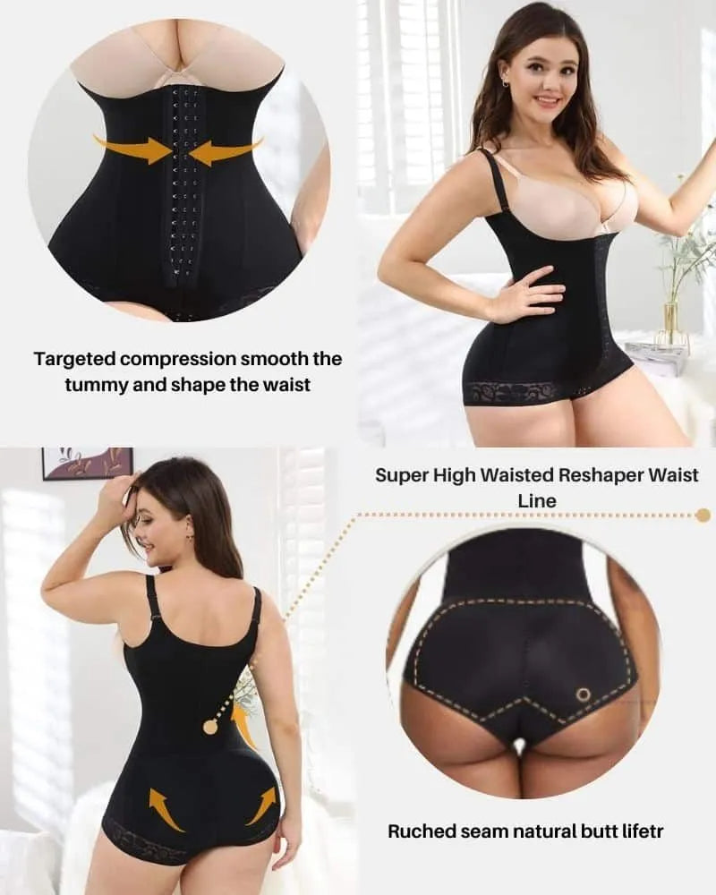 Modische Shapewear mit Bauchkontrolle, tiefem Rücken und offener Brust, Spitze